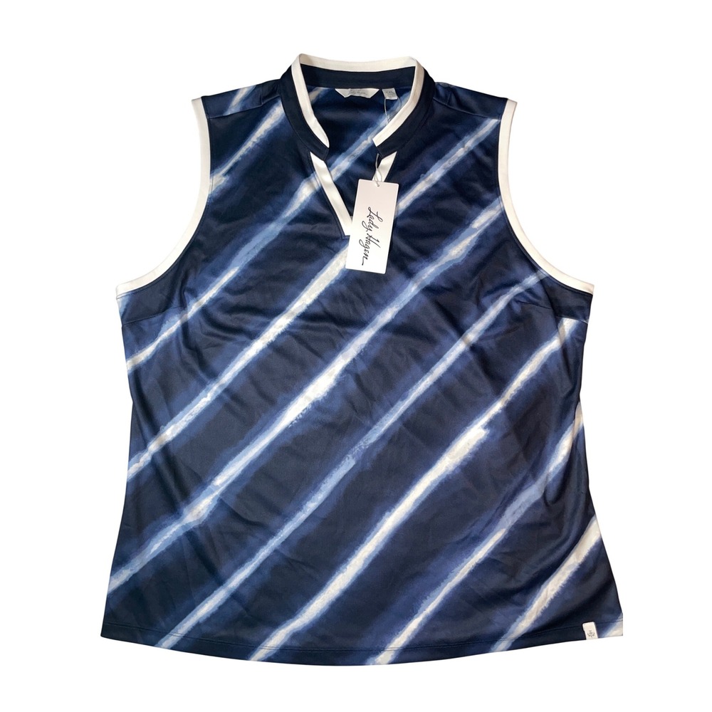 Lady Hagen Women XXL Blue White Tie Dye Stripe Sleeveless Golf Polo Shirt NWT